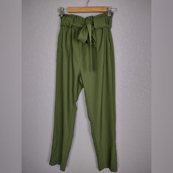 Grace Karin Cropped High Waisted Cropped Paper Bag Pants Size L Khaki Green - Picture 2 of 15